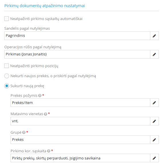 Sąskaitų atpažinimo nustatymų langas programoje